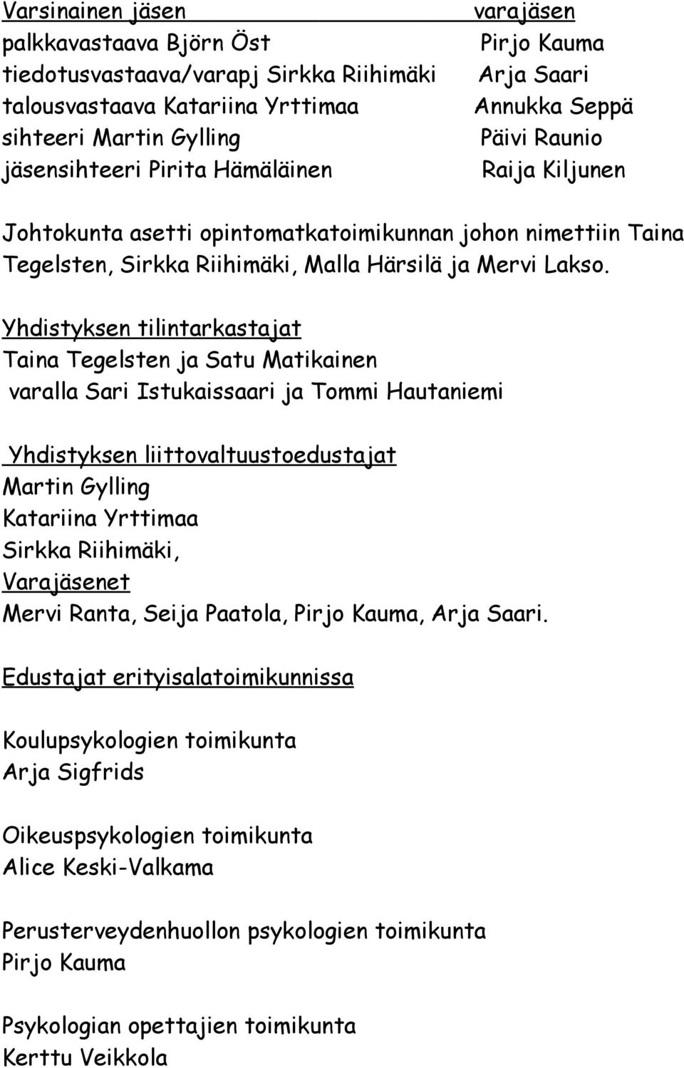 Yhdistyksen tilintarkastajat Taina Tegelsten ja Satu Matikainen varalla Sari Istukaissaari ja Tommi Hautaniemi Yhdistyksen liittovaltuustoedustajat Martin Gylling Katariina Yrttimaa Sirkka Riihimäki,