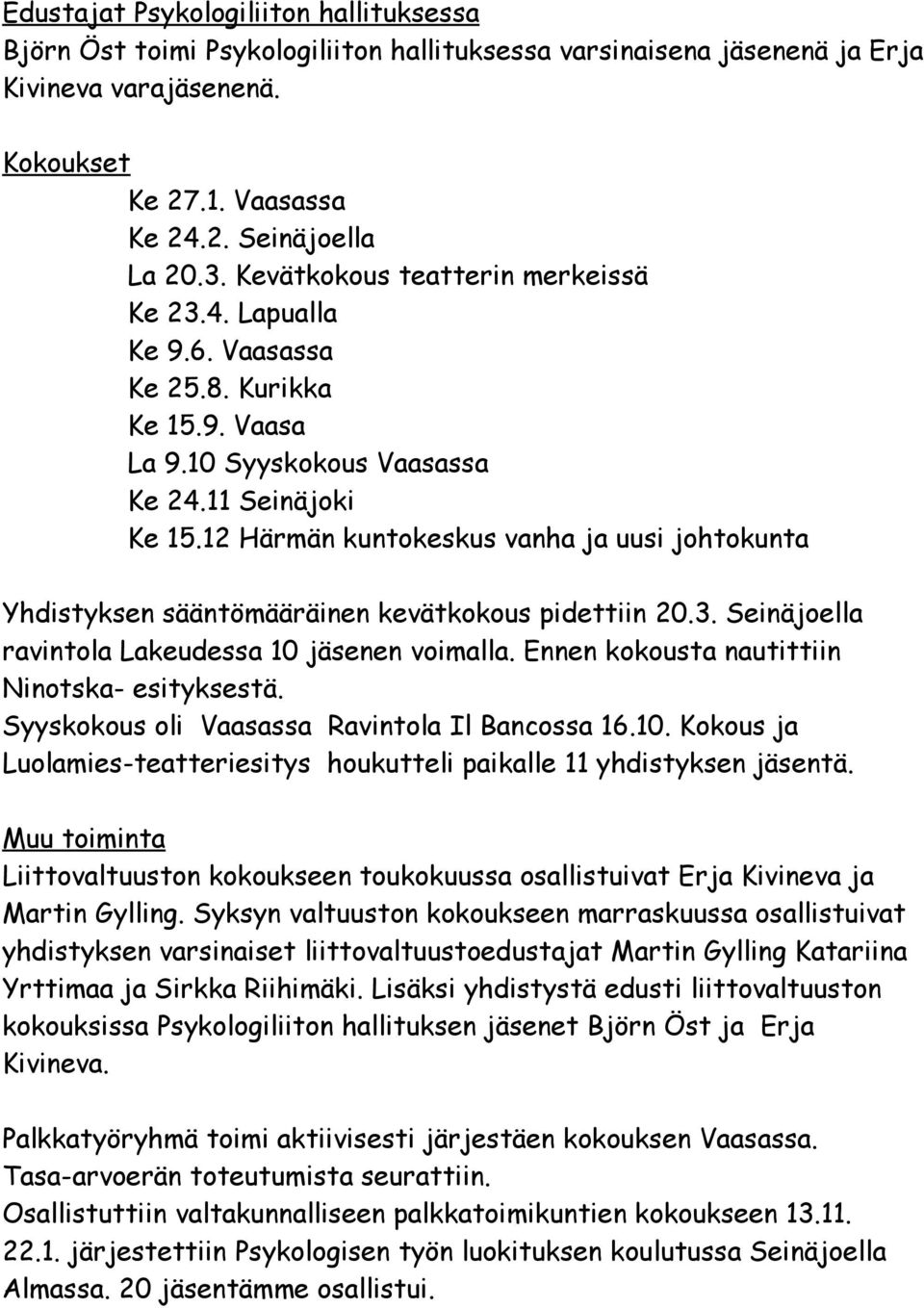 12 Härmän kuntokeskus vanha ja uusi johtokunta Yhdistyksen sääntömääräinen kevätkokous pidettiin 20.3. Seinäjoella ravintola Lakeudessa 10 jäsenen voimalla.
