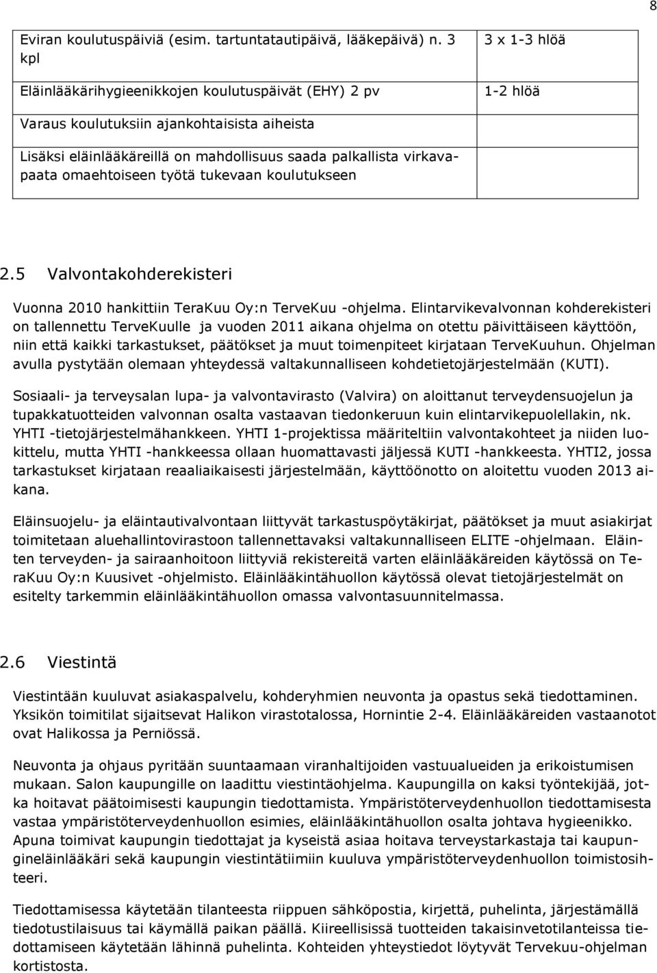 omaehtoiseen työtä tukevaan koulutukseen 2.5 Valvontakohderekisteri Vuonna 2010 hankittiin TeraKuu Oy:n TerveKuu -ohjelma.