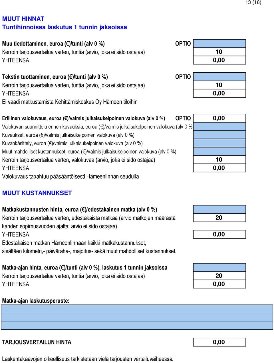 %) Kuvaukset, euroa ( )/valmis julkaisukelpoinen valokuva (alv 0 %) Kuvankäsittely, euroa ( )/valmis julkaisukelpoinen valokuva (alv 0 %) Muut mahdolliset kustannukset, euroa ( )/valmis