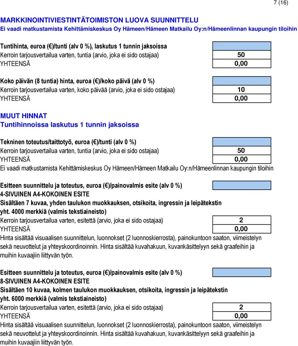 laskutus 1 tunnin jaksoissa Tekninen toteutus/taittotyö, euroa ( )/tunti (alv 0 %) 50 Ei vaadi matkustamista Kehittämiskeskus Oy Hämeen/Hämeen Matkailu Oy:n/Hämeenlinnan kaupungin tiloihin Esitteen