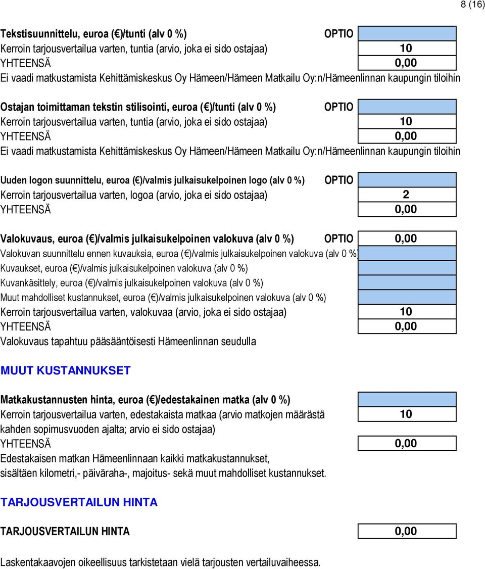 julkaisukelpoinen logo (alv 0 %) Kerroin tarjousvertailua varten, logoa (arvio, joka ei sido ostajaa) OPTIO 2 Valokuvaus, euroa ( )/valmis julkaisukelpoinen valokuva (alv 0 %) OPTIO Valokuvan