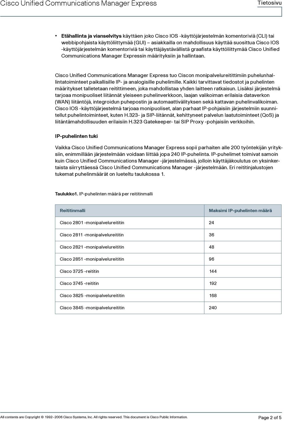 Cisco Unified Communications Manager Express tuo Ciscon monipalvelureitittimiin puhelunhallintatoiminteet paikallisille IP- ja analogisille puhelimille.