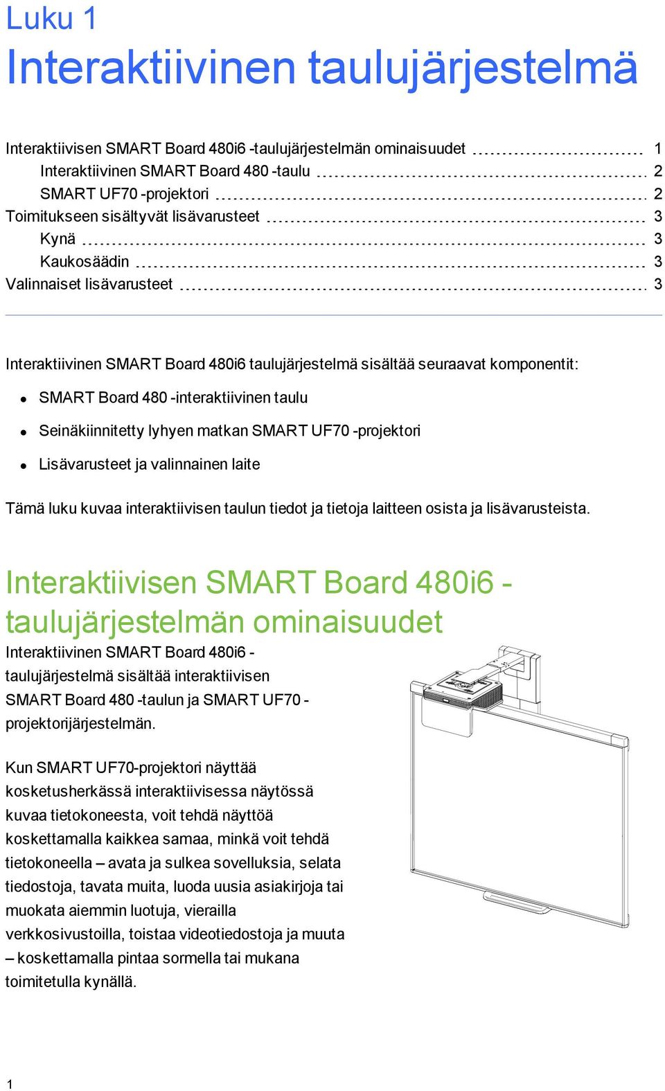 Seinäkiinnitetty lyhyen matkan SMART UF70 -projektori Lisävarusteet ja valinnainen laite Tämä luku kuvaa interaktiivisen taulun tiedot ja tietoja laitteen osista ja lisävarusteista.