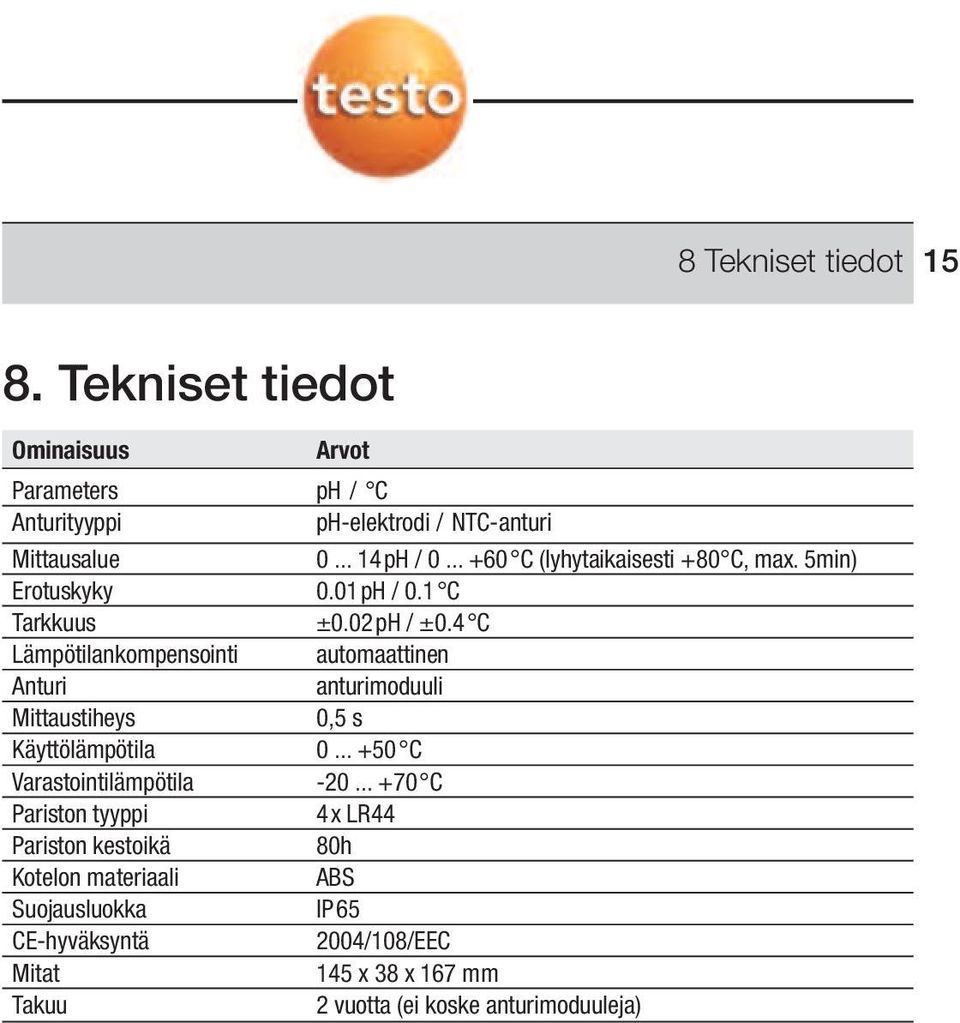 anturimoduuli Mittaustiheys 0,5 s Käyttölämpötila 0 +50 C Varastointilämpötila -20 +70 C Pariston tyyppi 4 x LR44 Pariston kestoikä 80h