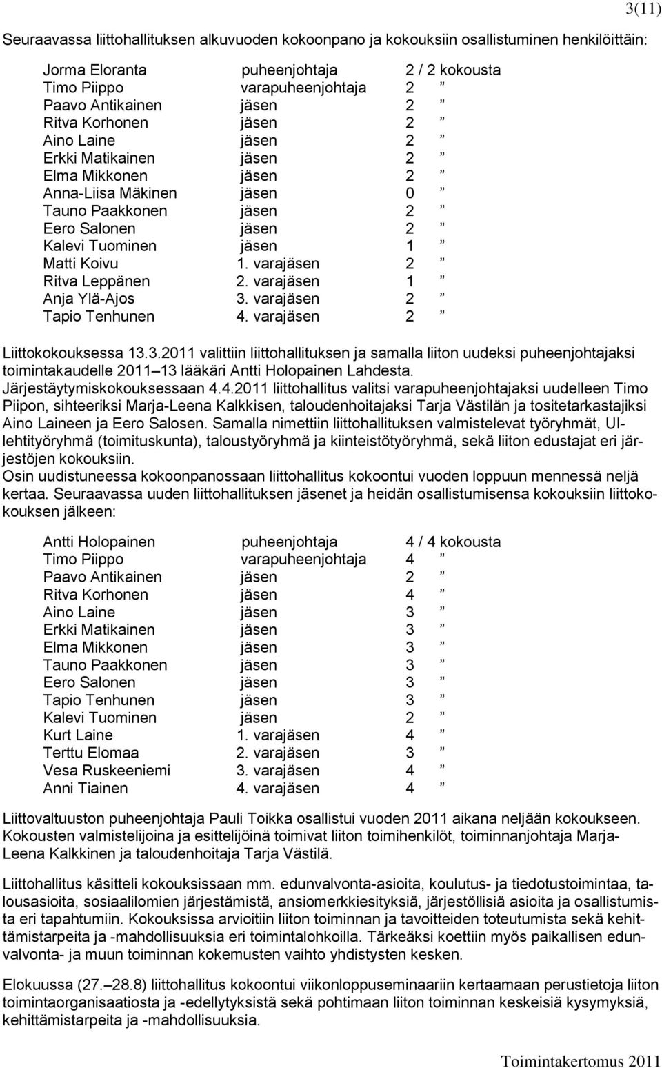 varajäsen 2 Ritva Leppänen 2. varajäsen 1 Anja Ylä-Ajos 3. varajäsen 2 Tapio Tenhunen 4. varajäsen 2 3(11) Liittokokouksessa 13.3.2011 valittiin liittohallituksen ja samalla liiton uudeksi puheenjohtajaksi toimintakaudelle 2011 13 lääkäri Antti Holopainen Lahdesta.