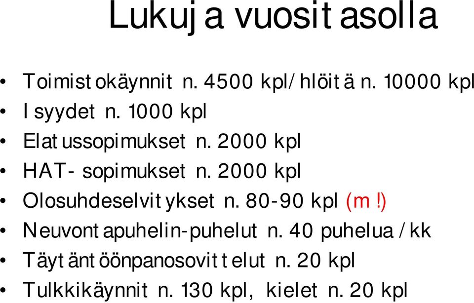 2000 kpl HAT- sopimukset n. 2000 kpl Olosuhdeselvitykset n. 80-90 kpl (m!