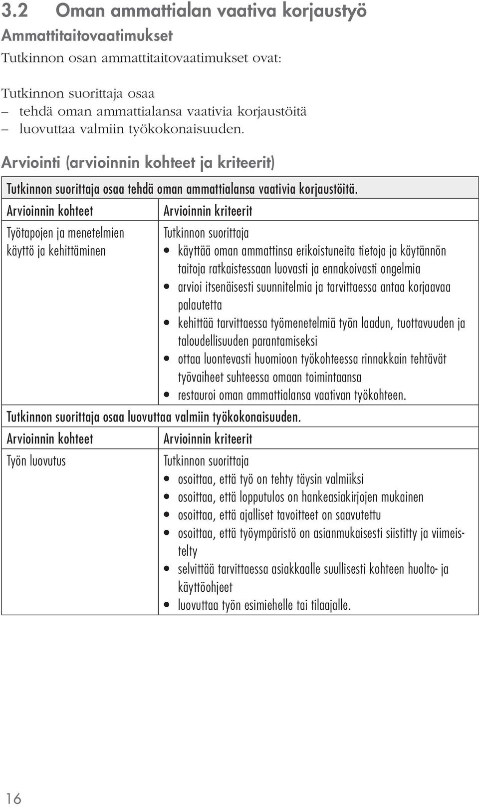 Arvioinnin kohteet Arvioinnin kriteerit Työtapojen ja menetelmien käyttö ja kehittäminen Tutkinnon suorittaja käyttää oman ammattinsa erikoistuneita tietoja ja käytännön taitoja ratkaistessaan