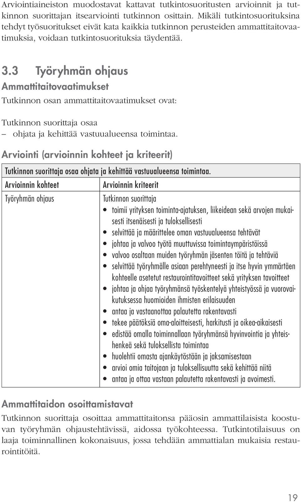 3 Työryhmän ohjaus Ammattitaitovaatimukset Tutkinnon osan ammattitaitovaatimukset ovat: Tutkinnon suorittaja osaa ohjata ja kehittää vastuualueensa toimintaa.