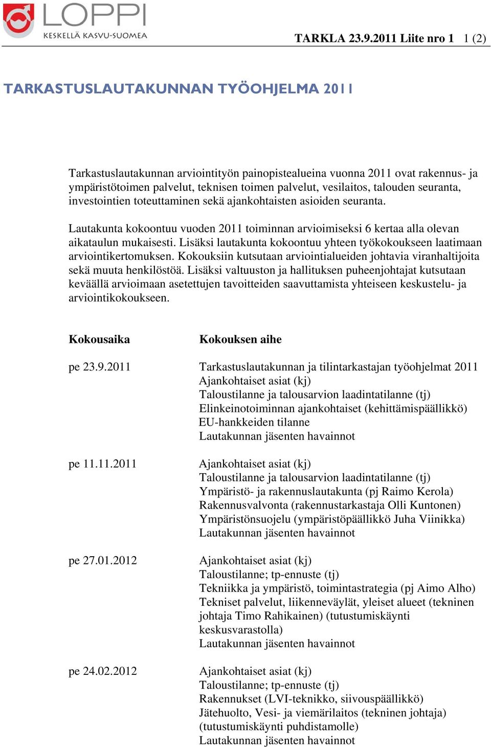 vesilaitos, talouden seuranta, investointien toteuttaminen sekä ajankohtaisten asioiden seuranta. Lautakunta kokoontuu vuoden 2011 toiminnan arvioimiseksi 6 kertaa alla olevan aikataulun mukaisesti.