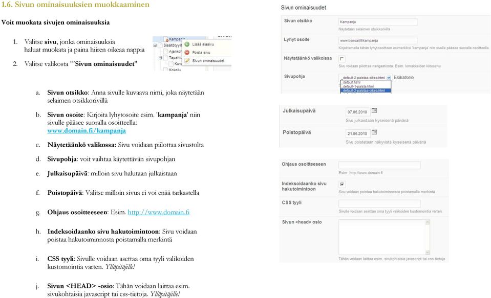 'kampanja' niin sivulle pääsee suoralla osoitteella: www.domain.fi/kampanja c. Näytetäänkö valikossa: Sivu voidaan piilottaa sivustolta d. Sivupohja: voit vaihtaa käytettävän sivupohjan e.