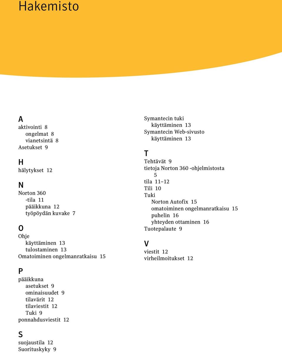 ponnahdusviestit 12 Symantecin tuki käyttäminen 13 Symantecin Web-sivusto käyttäminen 13 T Tehtävät 9 tietoja Norton 360 -ohjelmistosta 5 tila 11 12