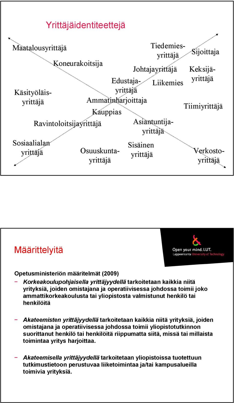 johdossa toimii joko ammattikorkeakoulusta tai yliopistosta valmistunut henkilö tai henkilöitä Akateemisten yrittäjyydellä tarkoitetaan kaikkia niitä yrityksiä, joiden omistajana ja operatiivisessa