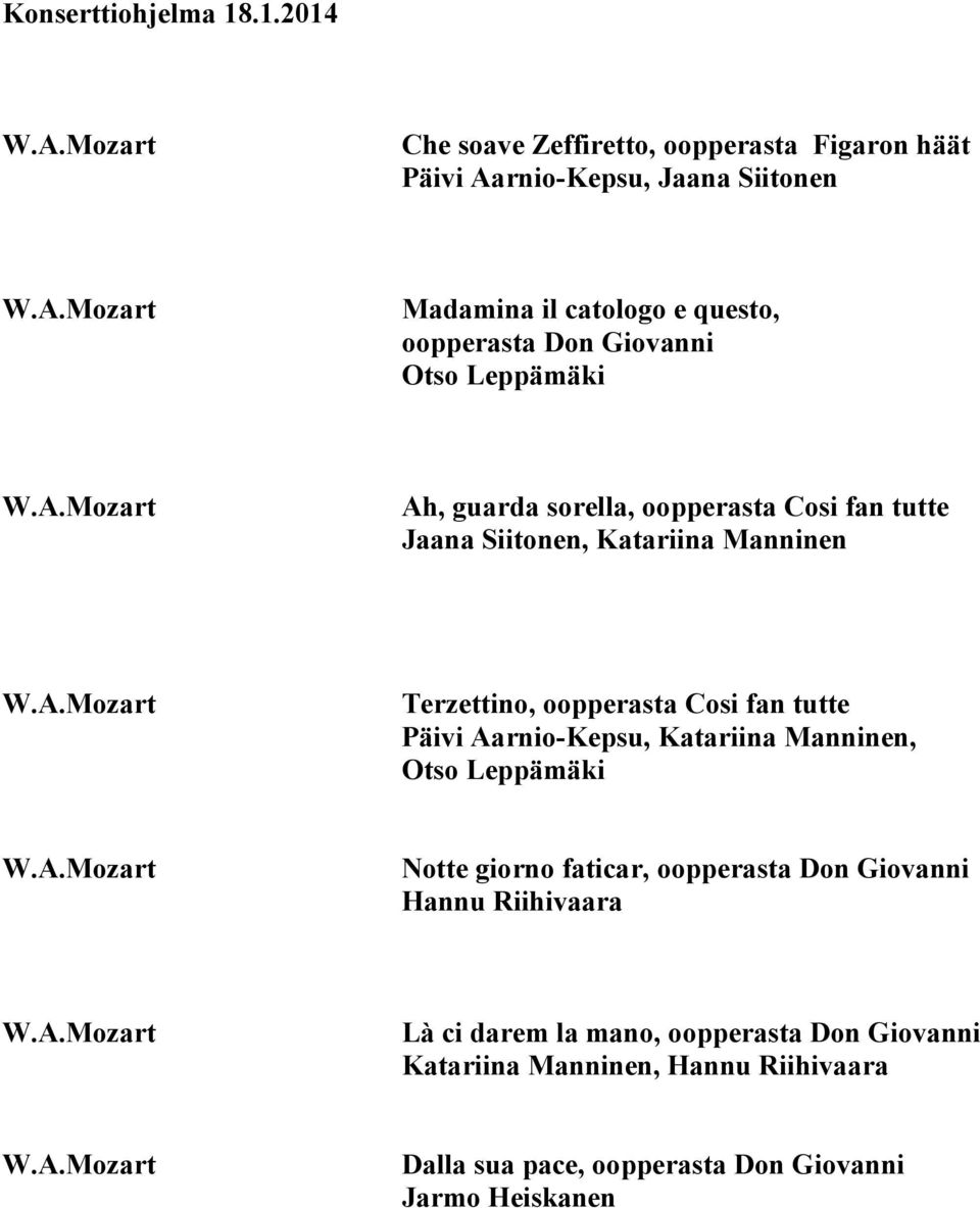A.Mozart Notte giorno faticar, oopperasta Don Giovanni Hannu Riihivaara W.A.Mozart Là ci darem la mano, oopperasta Don Giovanni Katariina Manninen, Hannu Riihivaara W.