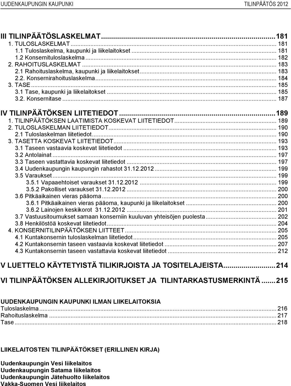 .. 187 IV TILINPÄÄTÖKSEN LIITETIEDOT... 189 1. TILINPÄÄTÖKSEN LAATIMISTA KOSKEVAT LIITETIEDOT... 189 2. TULOSLASKELMAN LIITETIEDOT... 190 2.1 Tuloslaskelman liitetiedot... 190 3.