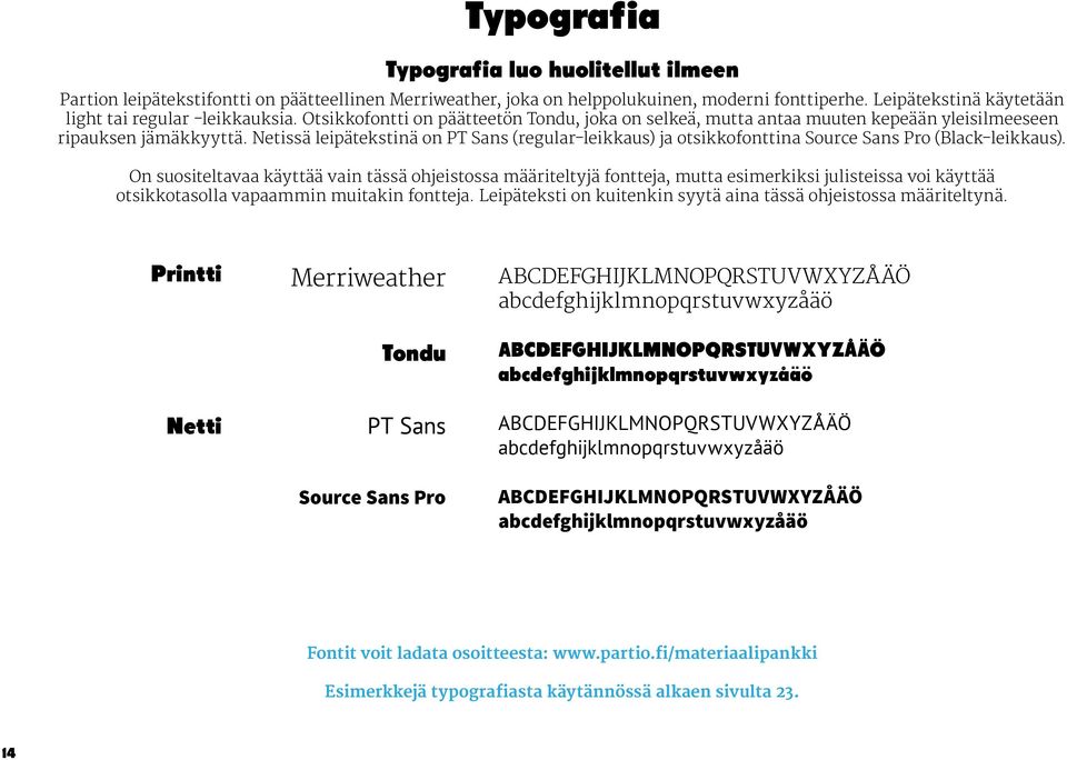 Netissä leipätekstinä on PT Sans (regular-leikkaus) ja otsikkofonttina Source Sans Pro (Black-leikkaus).