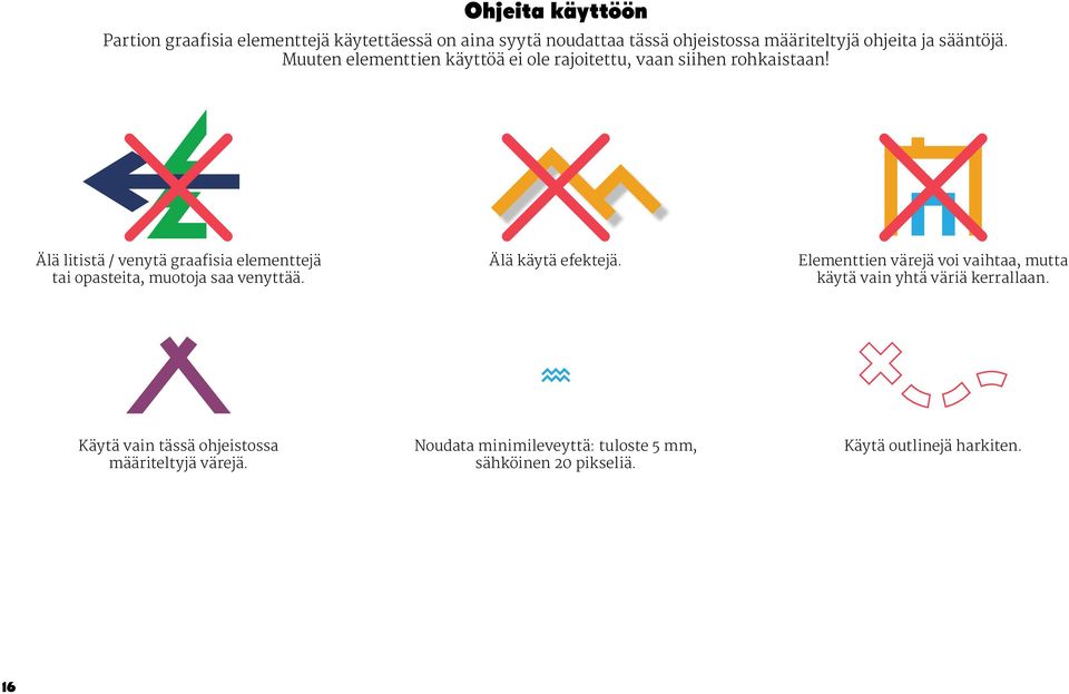 Älä litistä / venytä graafisia elementtejä tai opasteita, muotoja saa venyttää. Älä käytä efektejä.