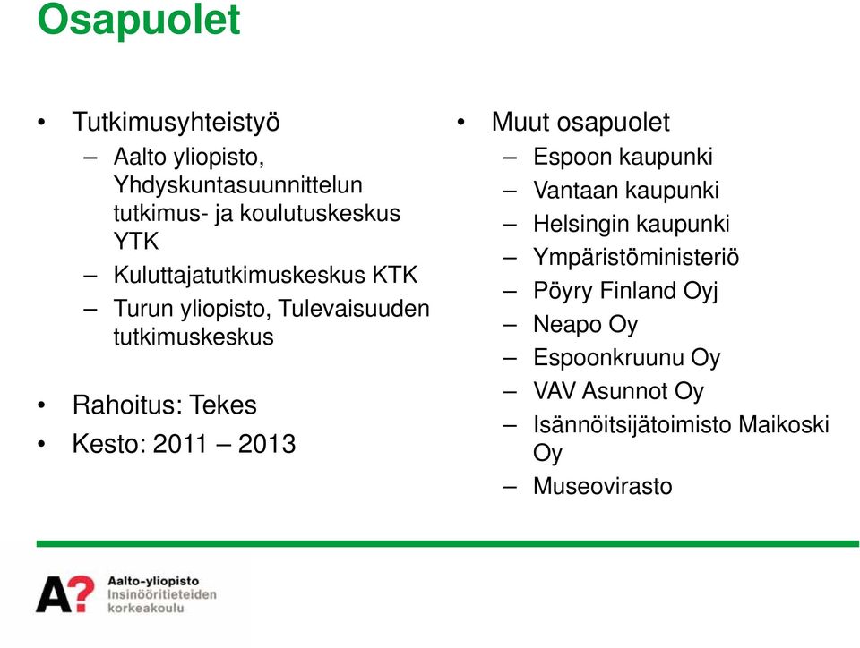 2011 2013 Muut osapuolet Espoon kaupunki Vantaan kaupunki Helsingin kaupunki Ympäristöministeriö