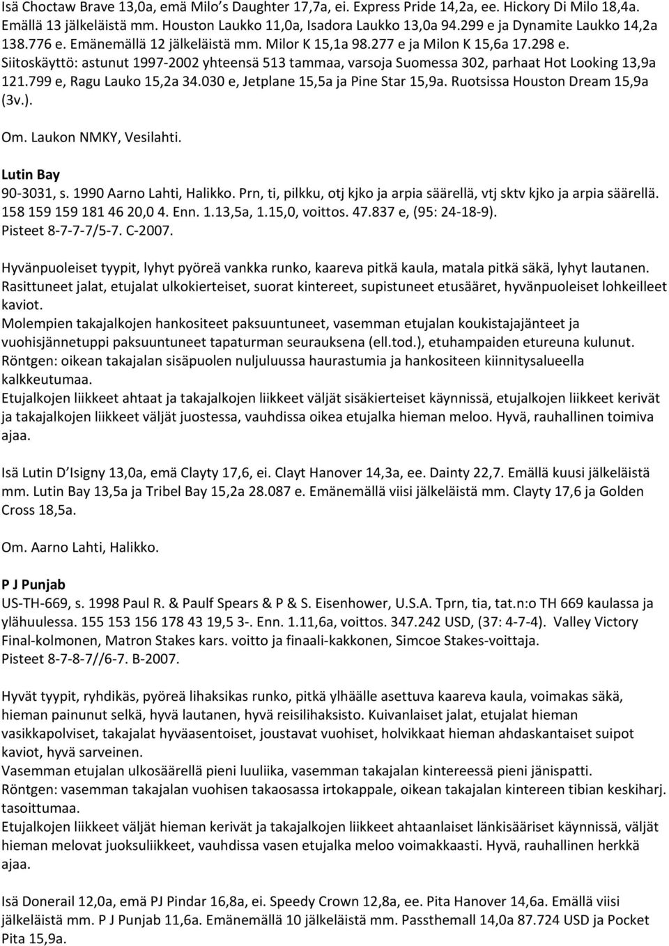 Siitoskäyttö: astunut 1997 2002 yhteensä 513 tammaa, varsoja Suomessa 302, parhaat Hot Looking 13,9a 121.799 e, Ragu Lauko 15,2a 34.030 e, Jetplane 15,5a ja Pine Star 15,9a.