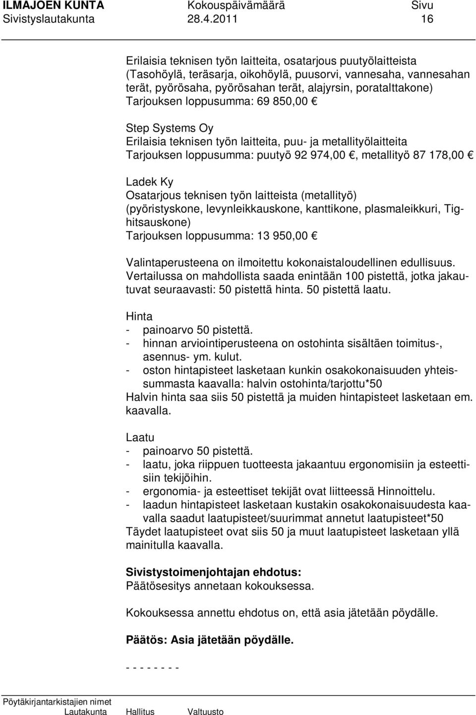 Tarjouksen loppusumma: 69 850,00 Step Systems Oy Erilaisia teknisen työn laitteita, puu- ja metallityölaitteita Tarjouksen loppusumma: puutyö 92 974,00, metallityö 87 178,00 Ladek Ky Osatarjous