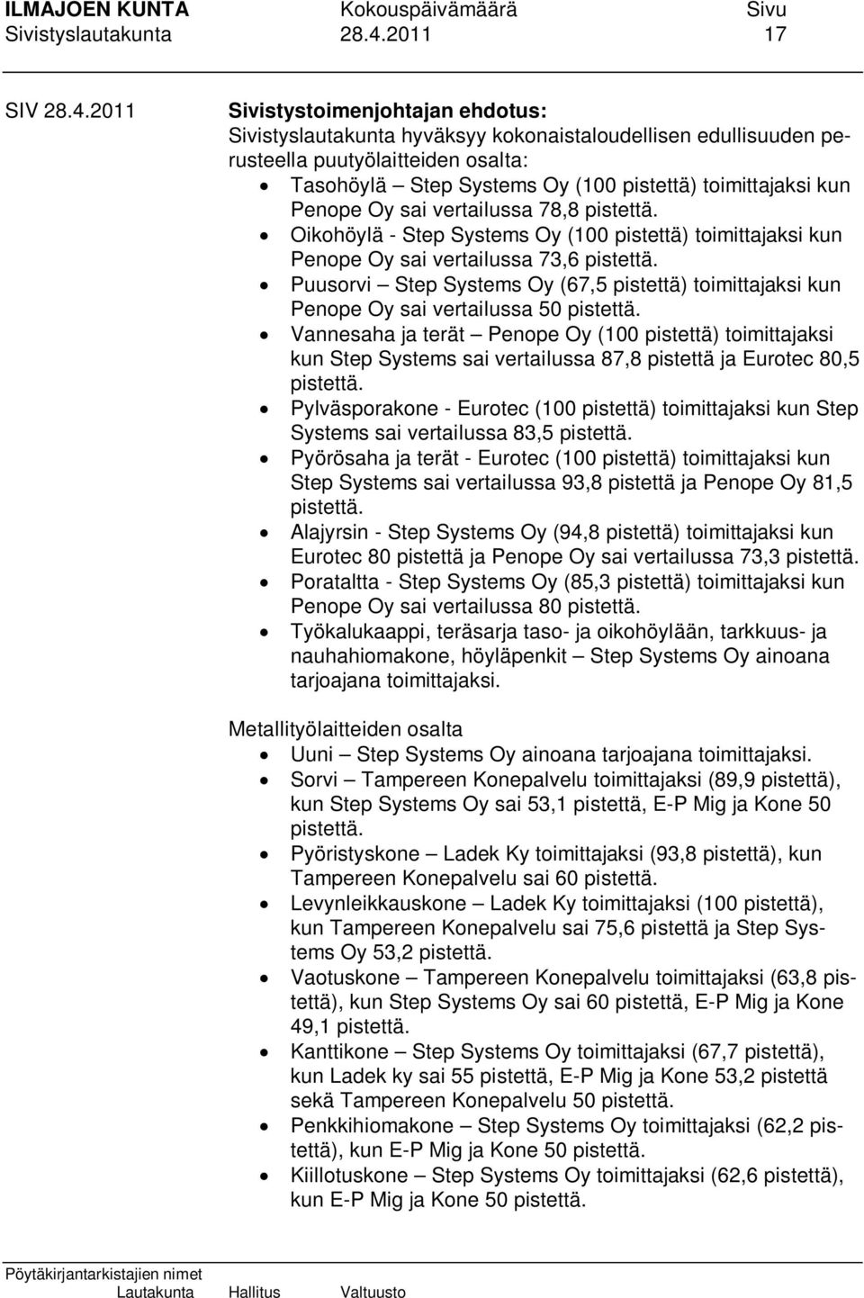 2011 Sivistyslautakunta hyväksyy kokonaistaloudellisen edullisuuden perusteella puutyölaitteiden osalta: Tasohöylä Step Systems Oy (100 pistettä) toimittajaksi kun Penope Oy sai vertailussa 78,8