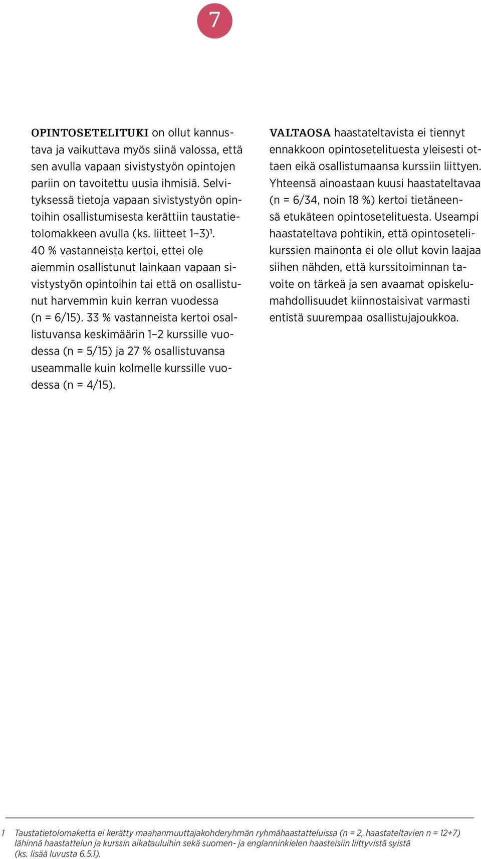 40 % vastanneista kertoi, ettei ole aiemmin osallistunut lainkaan vapaan sivistystyön opintoihin tai että on osallistunut harvemmin kuin kerran vuodessa (n = 6/15).