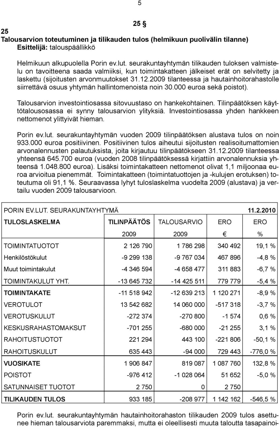 2009 tilanteessa ja hautainhoitorahastolle siirrettävä osuus yhtymän hallintomenoista noin 30.000 euroa sekä poistot). Talousarvion investointiosassa sitovuustaso on hankekohtainen.