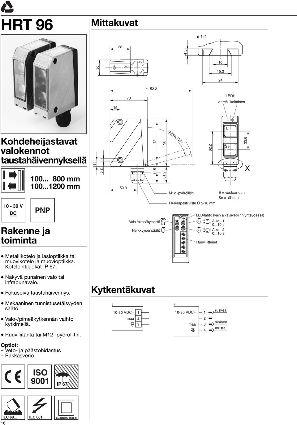 Kytkentäkuvat Mekaaninen tunnistusetäisyyden säätö. Valo-/pimeäkytkennän vaihto kytkimellä. Ruuviliitäntä tai M1 -pyöröliitin.