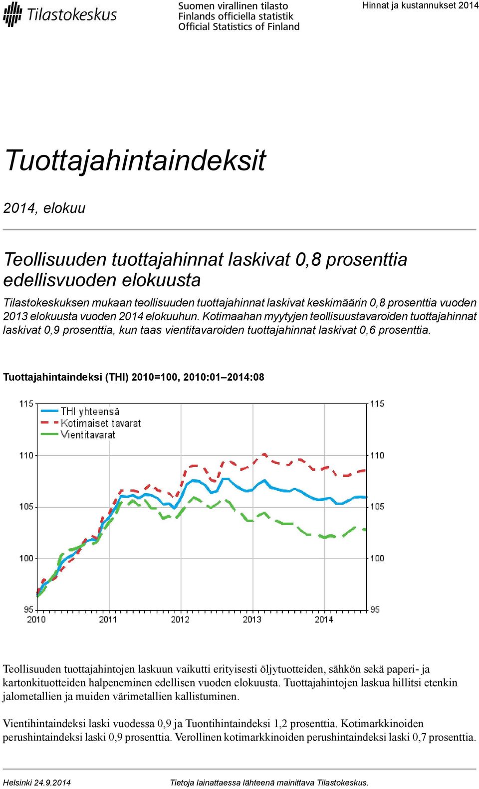 Kotimaahan myytyjen teollisuustavaroiden tuottajahinnat laskivat prosenttia, kun taas vientitavaroiden tuottajahinnat laskivat prosenttia.