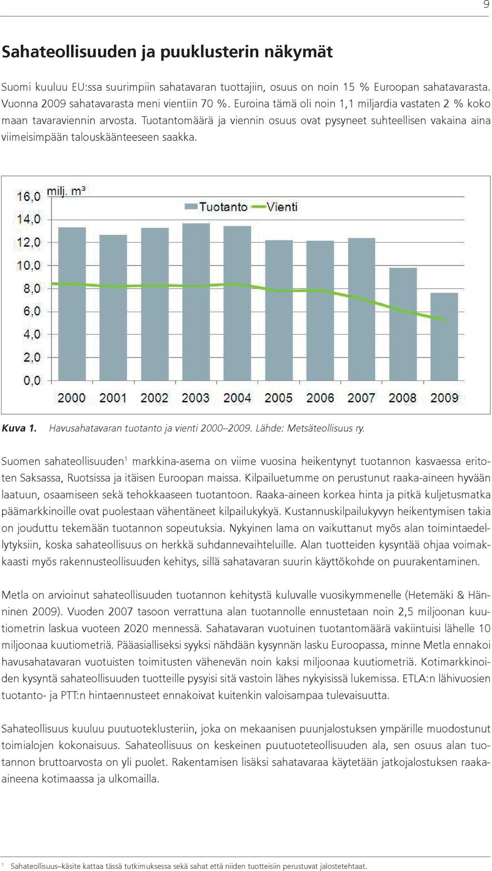 Havusahatavaran tuotanto ja vienti 2000 2009. Lähde: Metsäteollisuus ry.