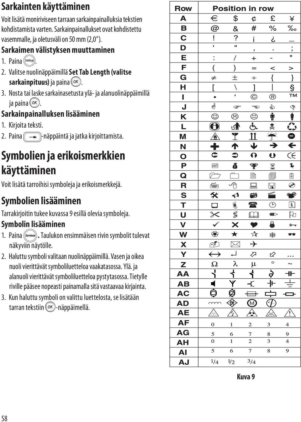 Sarkainpainalluksen lisääminen 1. Kirjoita teksti. 2. Paina æ-näppäintä ja jatka kirjoittamista. Symbolien ja erikoismerkkien käyttäminen Voit lisätä tarroihisi symboleja ja erikoismerkkejä.