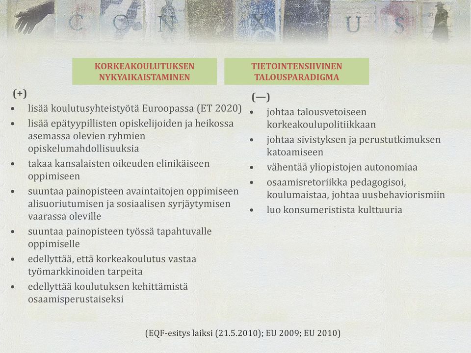 oppimiselle edellyttää, että korkeakoulutus vastaa työmarkkinoiden tarpeita edellyttää koulutuksen kehittämistä osaamisperustaiseksi TIETOINTENSIIVINEN TALOUSPARADIGMA ( ) johtaa talousvetoiseen