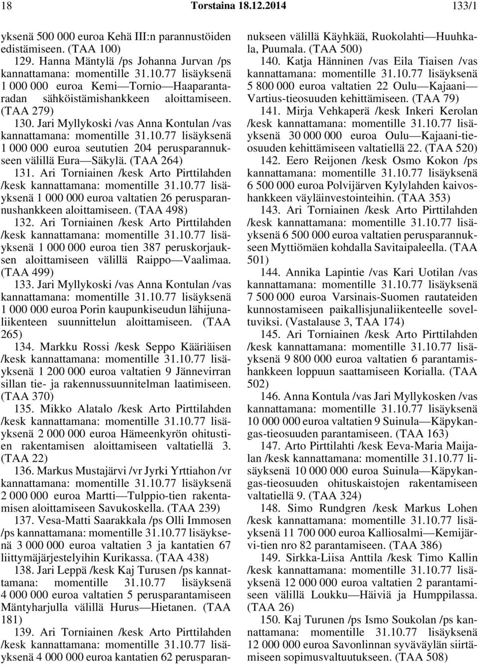 Ari Torniainen /kesk Arto Pirttilahden /kesk kannattamana: momentille 31.10.77 lisäyksenä 1 000 000 euroa valtatien 26 perusparannushankkeen aloittamiseen. (TAA 498) 132.