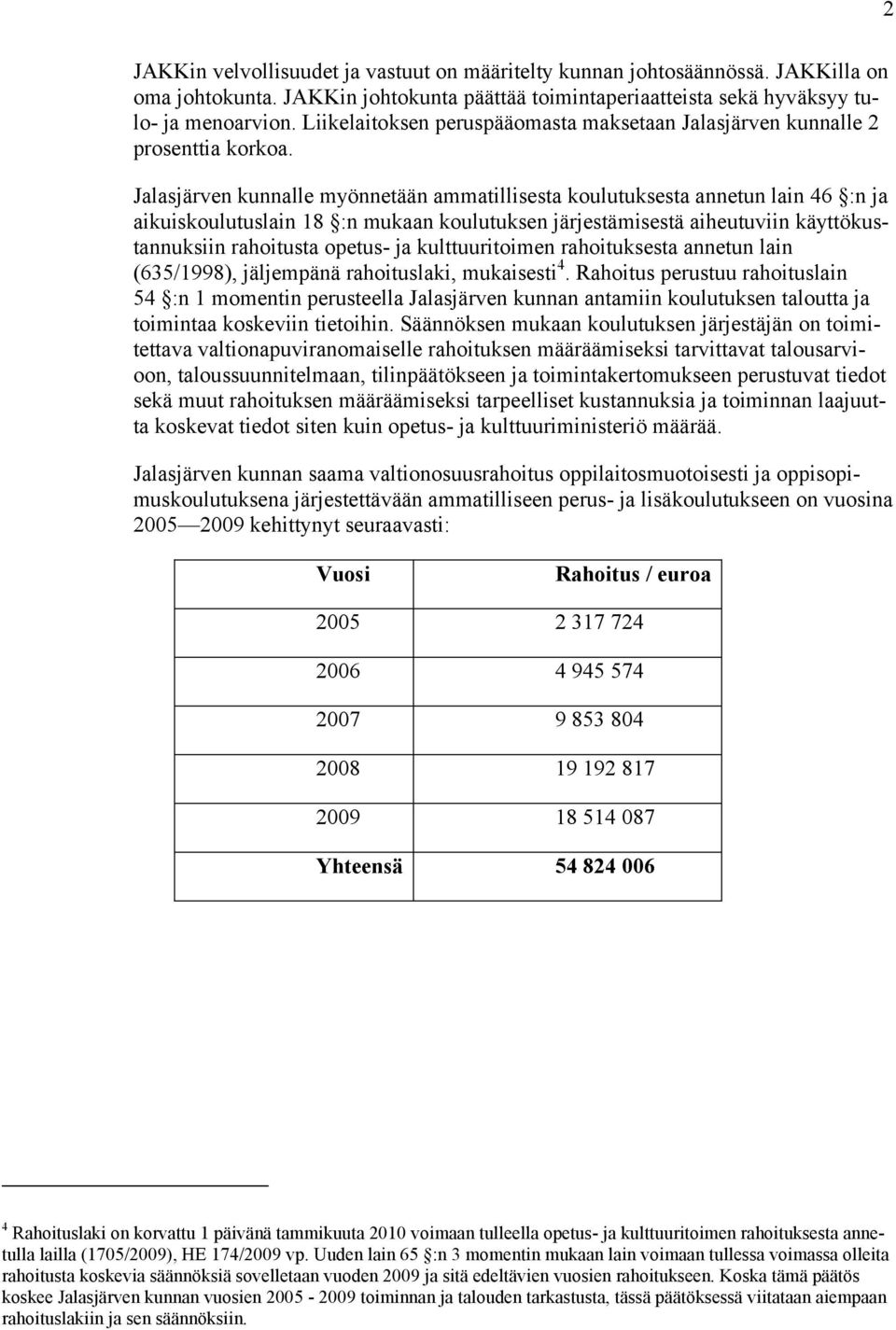 Jalasjärven kunnalle myönnetään ammatillisesta koulutuksesta annetun lain 46 :n ja aikuiskoulutuslain 18 :n mukaan koulutuksen järjestämisestä aiheutuviin käyttökustannuksiin rahoitusta opetus- ja