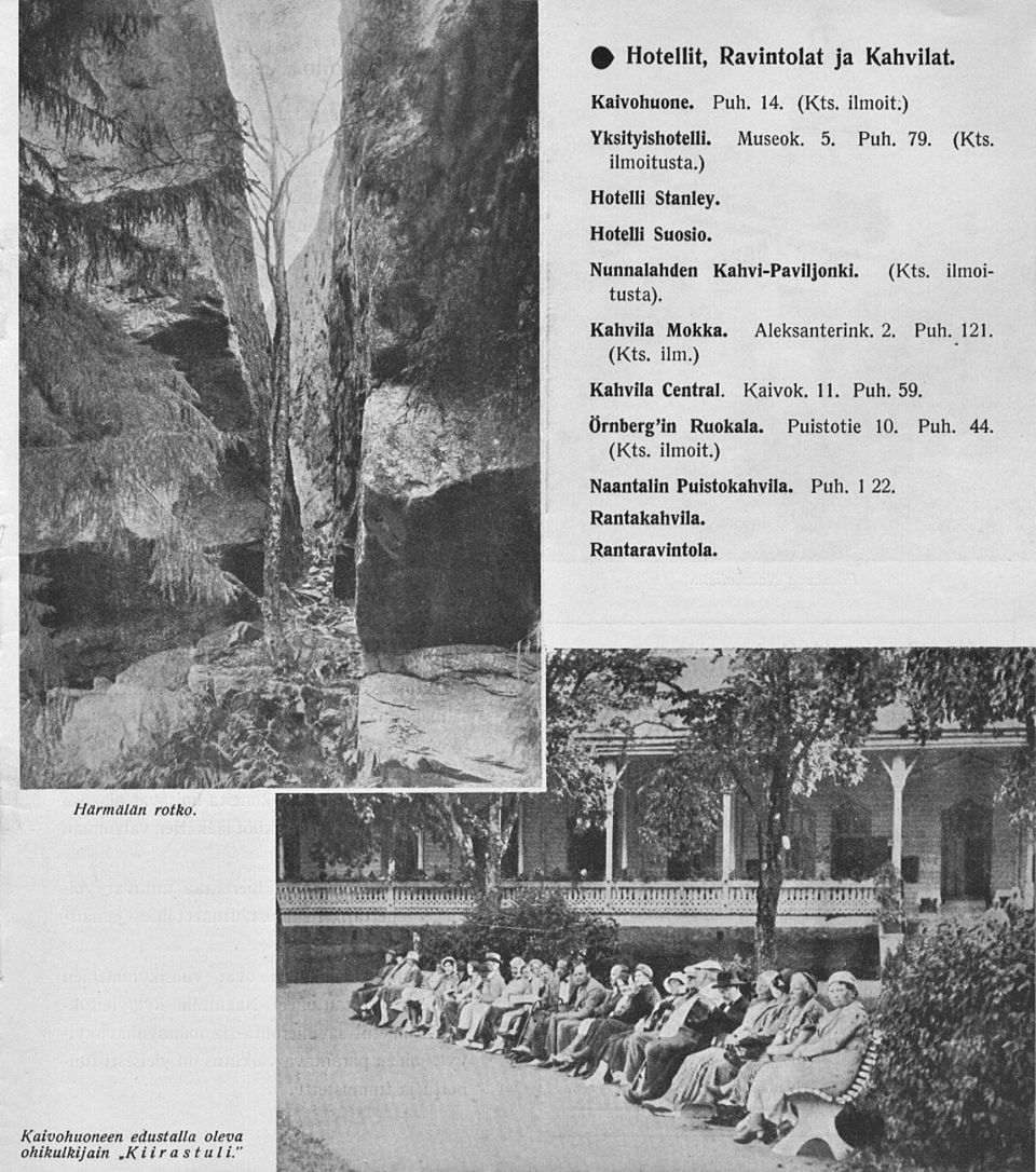 121 (Kts. ilm.) Kahvila Central. Kaivok. 11. Puh. 59. Ömberg'in Ruokala. Puistotie 10. Puh. 44, (Kts. ilmoit.