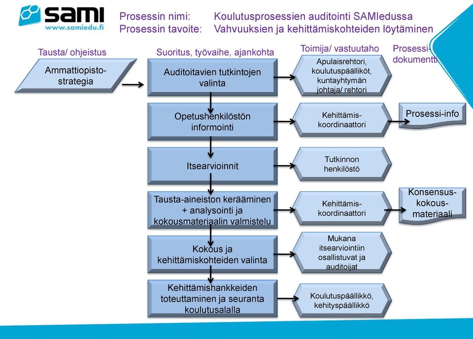 Kehittämiskoordinaattori Prosessi-info Itsearvioinnit Tutkinnon henkilöstö Tausta-aineiston kerääminen + analysointi ja kokousmateriaalin valmistelu Kehittämiskoordinaattori