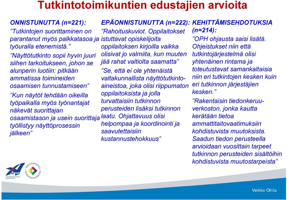 näkevät suorittajan osaamistason ja usein suorittaja työllistyy näyttöprosessin jälkeen EPÄONNISTUNUTTA (n=222): Rahoituskuviot.