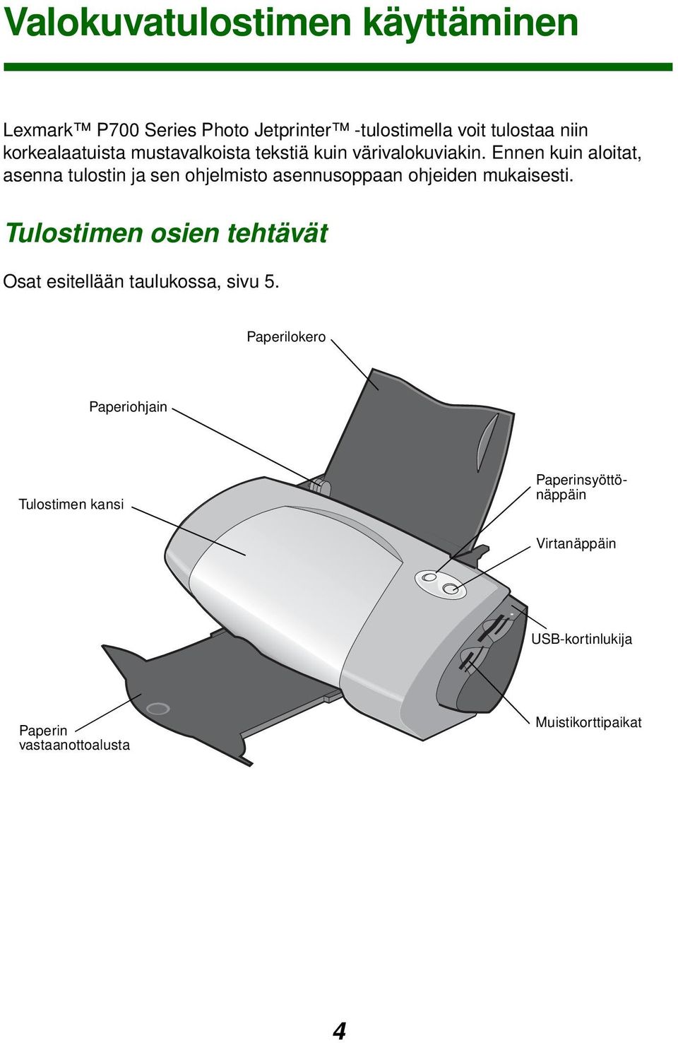 Ennen kuin aloitat, asenna tulostin ja sen ohjelmisto asennusoppaan ohjeiden mukaisesti.