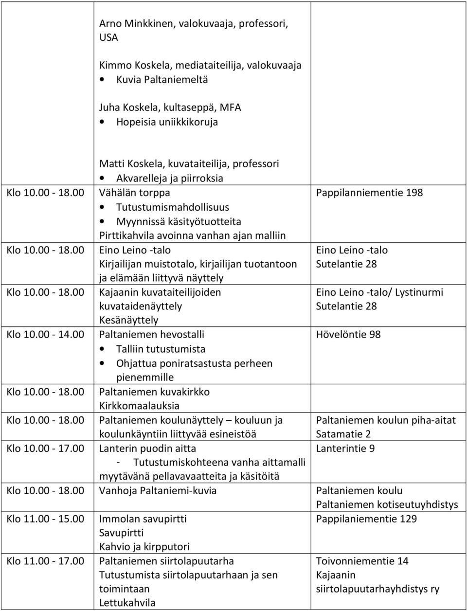 00-14.00 Paltaniemen hevostalli Talliin tutustumista Ohjattua poniratsastusta perheen pienemmille Klo 10.00-18.00 Paltaniemen kuvakirkko Kirkkomaalauksia Klo 10.00-18.00 näyttely kouluun ja koulunkäyntiin liittyvää esineistöä Klo 10.