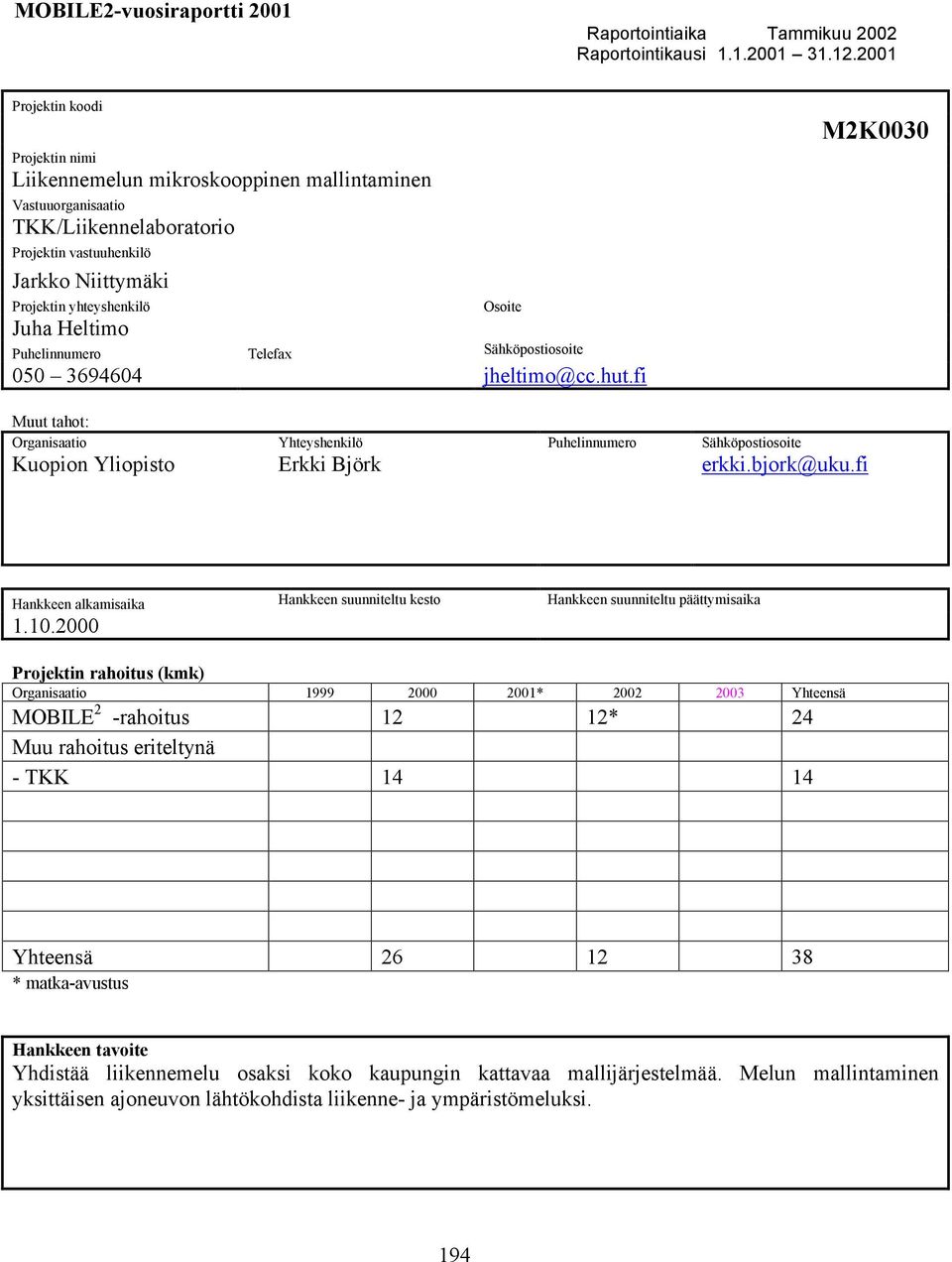 Juha Heltimo Puhelinnumero Telefax Sähköpostiosoite 050 3694604 jheltimo@cc.hut.fi M2K0030 Muut tahot: Organisaatio Yhteyshenkilö Puhelinnumero Sähköpostiosoite Kuopion Yliopisto Erkki Björk erkki.