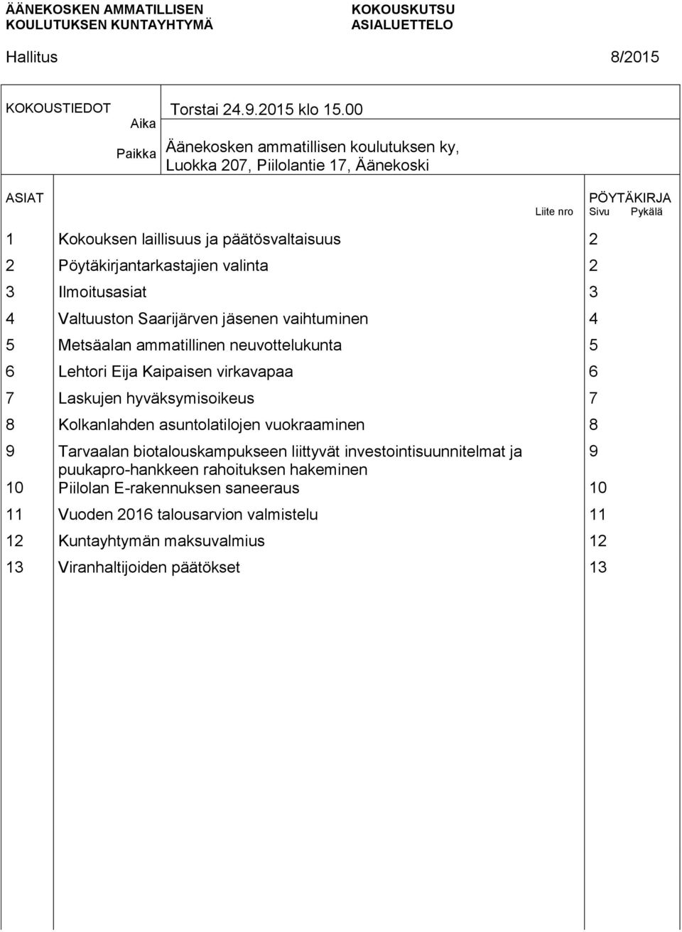 3 4 Valtuuston Saarijärven jäsenen vaihtuminen 4 5 Metsäalan ammatillinen neuvottelukunta 5 6 Lehtori Eija Kaipaisen virkavapaa 6 7 Laskujen hyväksymisoikeus 7 8 Kolkanlahden asuntolatilojen