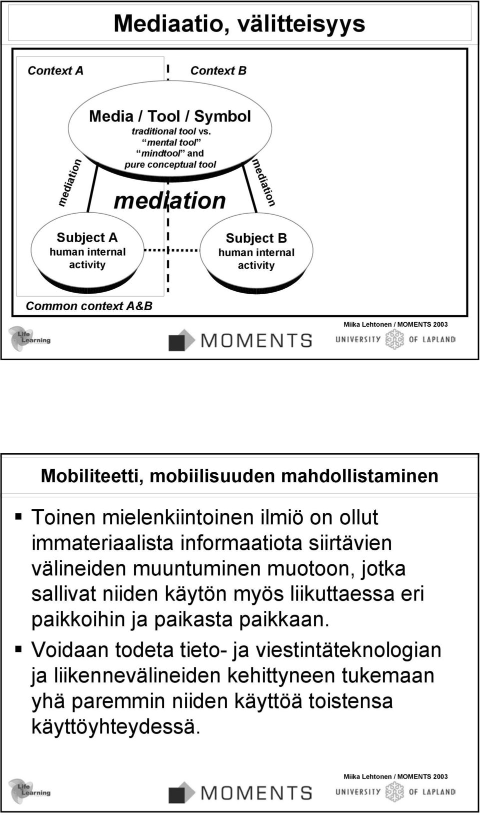 Mobiliteetti, mobiilisuuden mahdollistaminen Toinen mielenkiintoinen ilmiö on ollut immateriaalista informaatiota siirtävien välineiden muuntuminen muotoon,