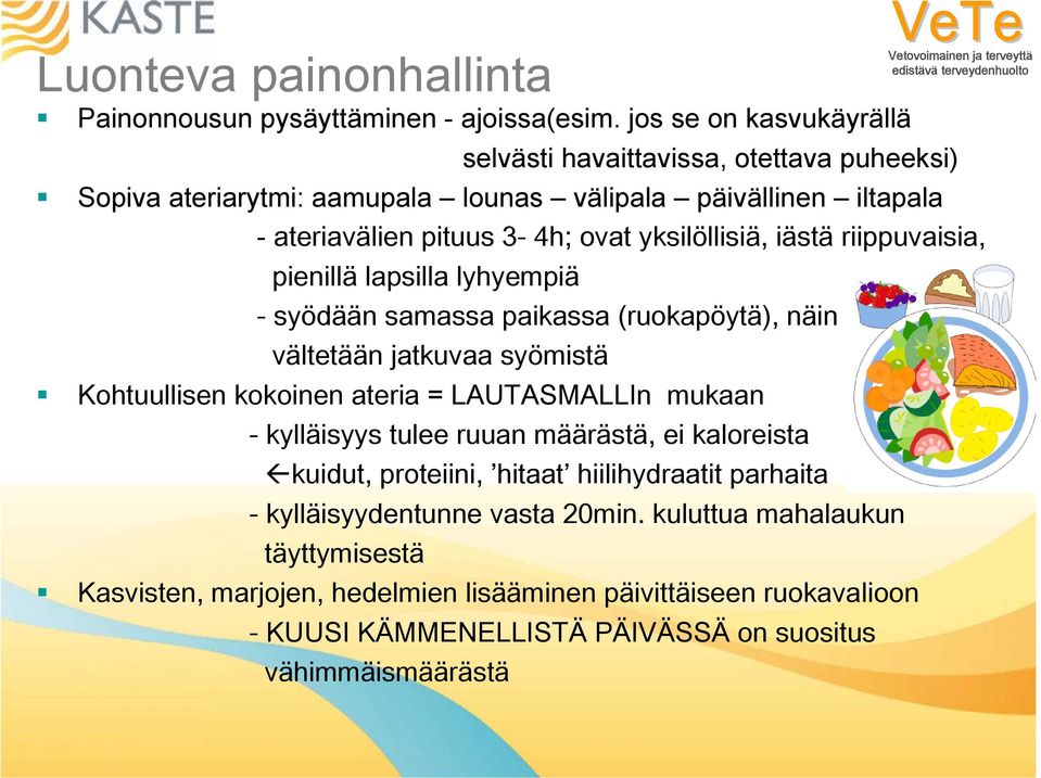 yksilöllisiä, iästä riippuvaisia, pienillä lapsilla lyhyempiä - syödään samassa paikassa (ruokapöytä), näin vältetään jatkuvaa syömistä Kohtuullisen kokoinen ateria = LAUTASMALLIn