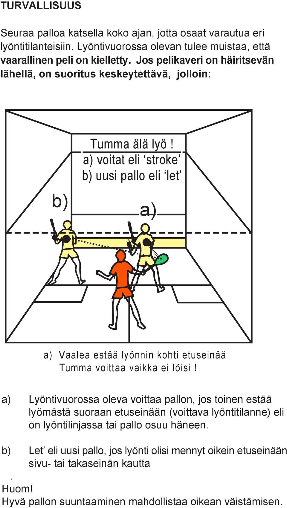 a) voitat eli stroke b) uusi pallo eli let a) a) Vaalea estää lyönnin kohti etuseinää Tumma voittaa vaikka ei löisi!