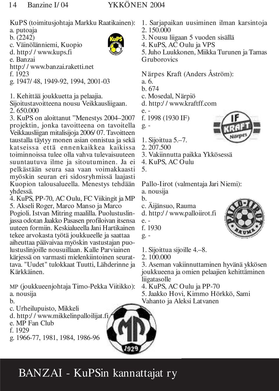 KuPS on aloittanut Menestys 2004 2007 projektin, jonka tavoitteena on tavoitella Veikkausliigan mitalisijoja 2006/07.