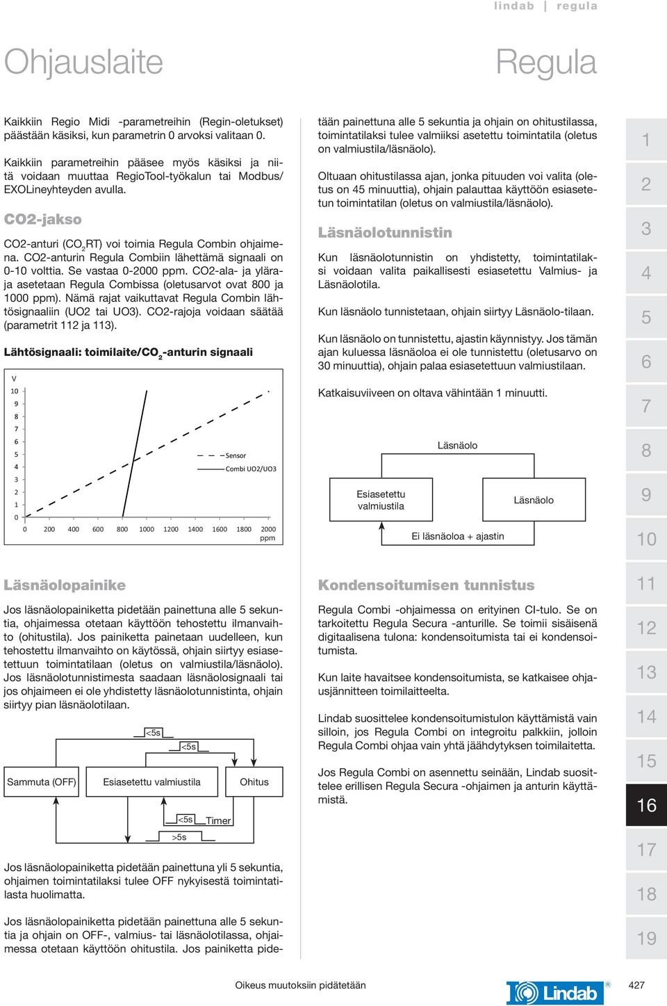 CO-anturin Combiin lähettämä signaali on 0-0 volttia. Se vastaa 0-000 ppm. CO-ala- ja yläraja asetetaan Combissa (oletusarvot ovat 00 ja 000 ppm).