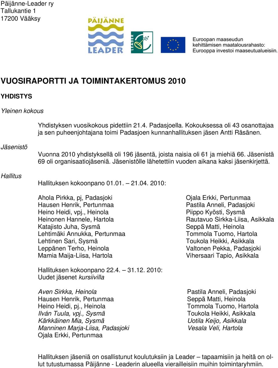 Jäsenistö Hallitus Vuonna 2010 yhdistyksellä oli 196 jäsentä, joista naisia oli 61 ja miehiä 66. Jäsenistä 69 oli organisaatiojäseniä. Jäsenistölle lähetettiin vuoden aikana kaksi jäsenkirjettä.