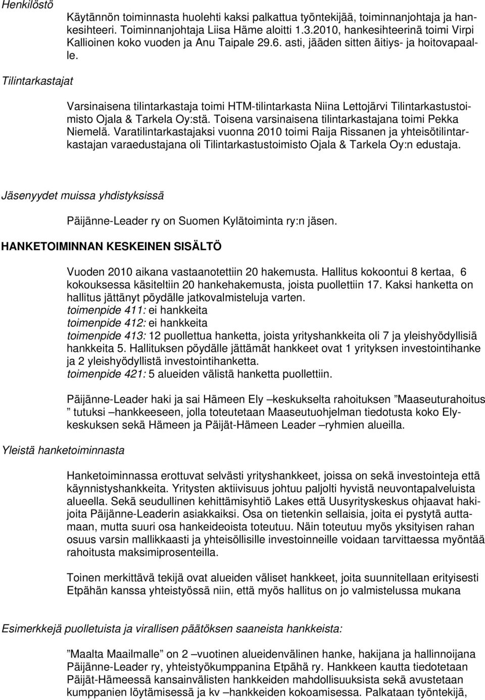 Tilintarkastajat Varsinaisena tilintarkastaja toimi HTM-tilintarkasta Niina Lettojärvi Tilintarkastustoimisto Ojala & Tarkela Oy:stä. Toisena varsinaisena tilintarkastajana toimi Pekka Niemelä.