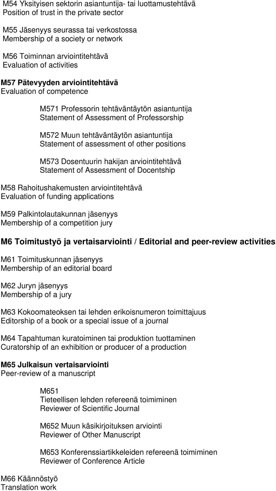 tehtäväntäytön asiantuntija Statement of assessment of other positions M573 Dosentuurin hakijan arviointitehtävä Statement of Assessment of Docentship M58 Rahoitushakemusten arviointitehtävä