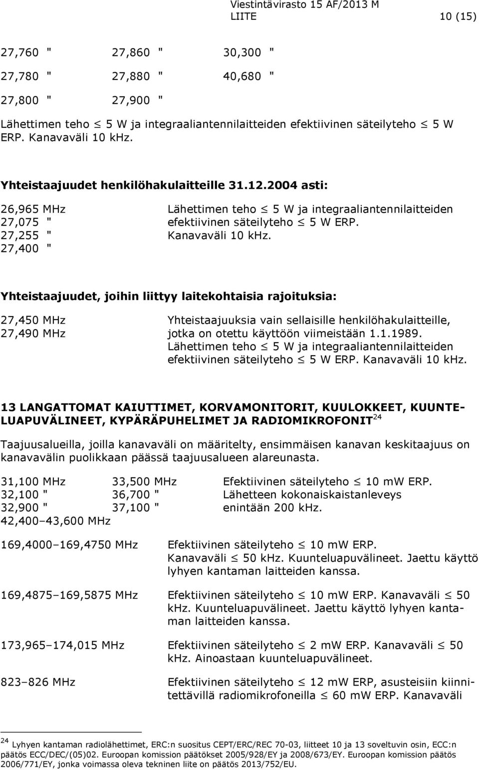 27,400 " Yhteistaajuudet, joihin liittyy laitekohtaisia rajoituksia: 27,450 MHz Yhteistaajuuksia vain sellaisille henkilöhakulaitteille, 27,490 MHz jotka on otettu käyttöön viimeistään 1.1.1989.